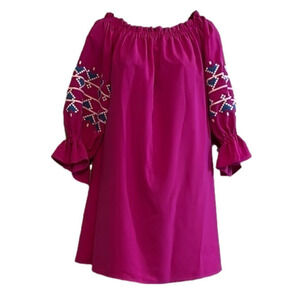 Tcec Neon Pink Teal Embroidered Off Shoulder Dress size small NWOT